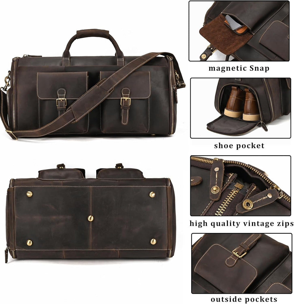 Leather Garment Bag Carry On with Shoes Compartment Leather Travel Weekender Bag