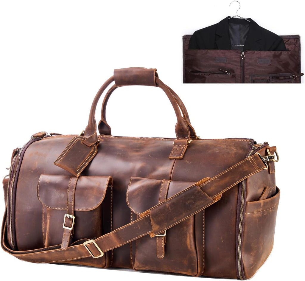 Full Grain Leather Travel Garment Bag, Duffel Bag with Shoe Compartment