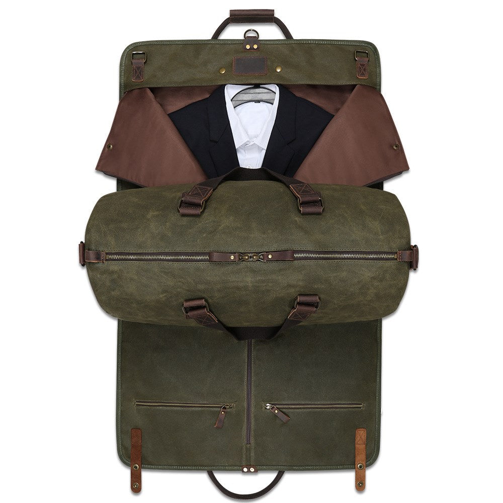 2 in 1 Canvas Leather Suit Luggage Garment Bag with Shoulder Strap