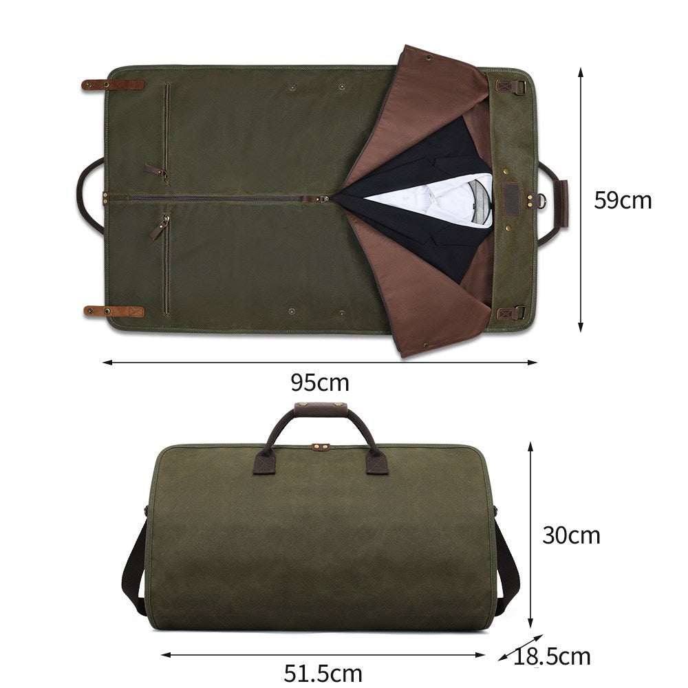 2 in 1 Canvas Leather Suit Luggage Garment Bag with Shoulder Strap